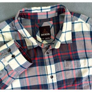 Prana Shirt Mens Large Blue Red Shayne Flannel Plaid Organic Cotton Outdoor